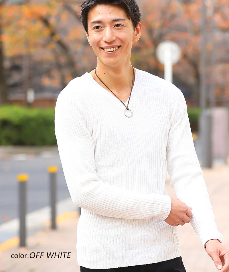二重臼リブ編みストレッチVネックニットTシャツ - Image 50