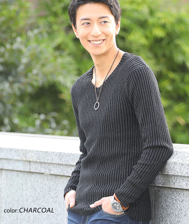 二重臼リブ編みストレッチVネックニットTシャツ - Image 55