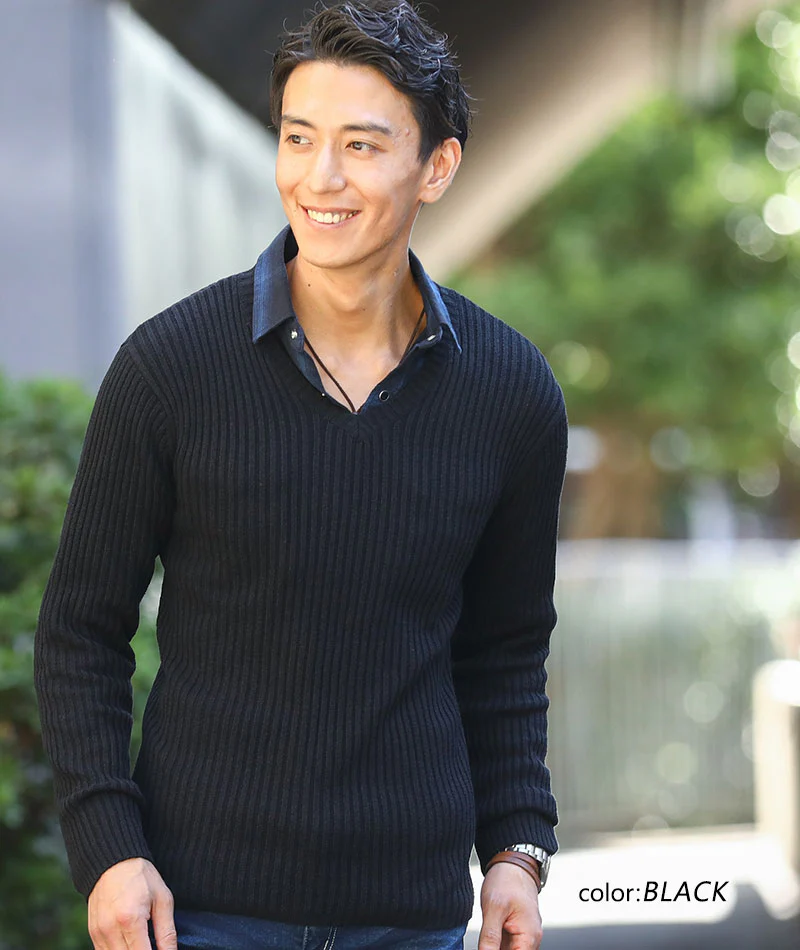 二重臼リブ編みストレッチVネックニットTシャツ - Image 59