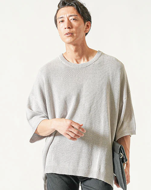 綿麻素材オーバーサイズ5分袖クルーネックサマーニットTシャツ - Image 4