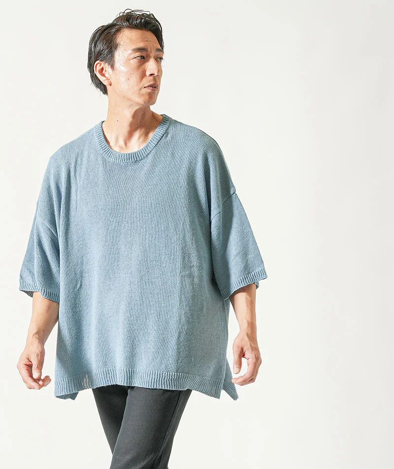 綿麻素材オーバーサイズ5分袖クルーネックサマーニットTシャツ - Image 6