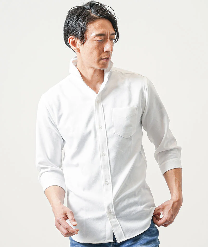 接触冷感パナマ織り7分袖ホリゾンタルカラーシャツ - Image 38