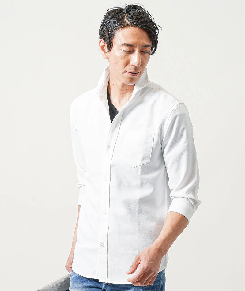 接触冷感パナマ織り7分袖ホリゾンタルカラーシャツ - Image 43