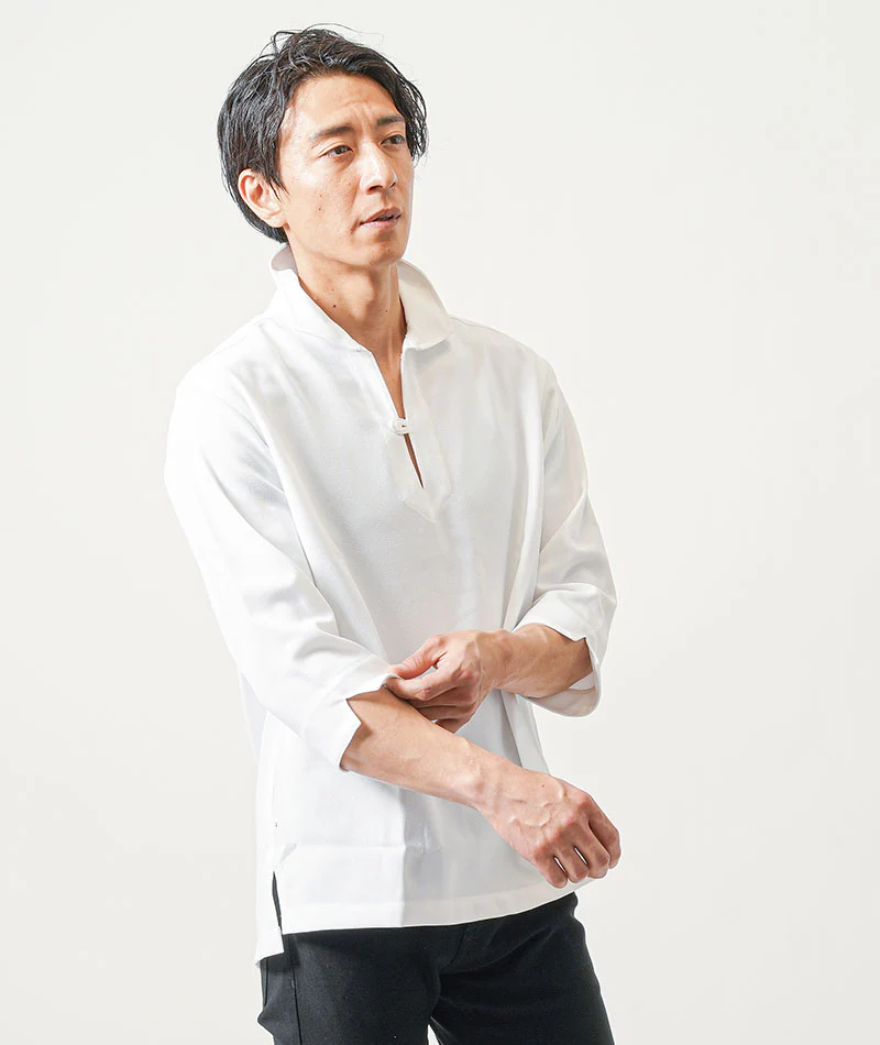 接触冷感パナマ織り7分袖ホリゾンタルカラーシャツ - Image 86