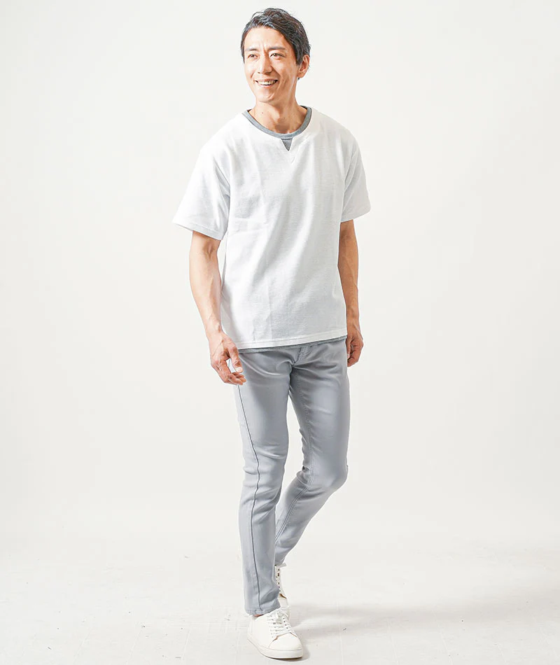 フェイクレイヤードオーバーサイズ半袖キーネックTシャツ - Image 15