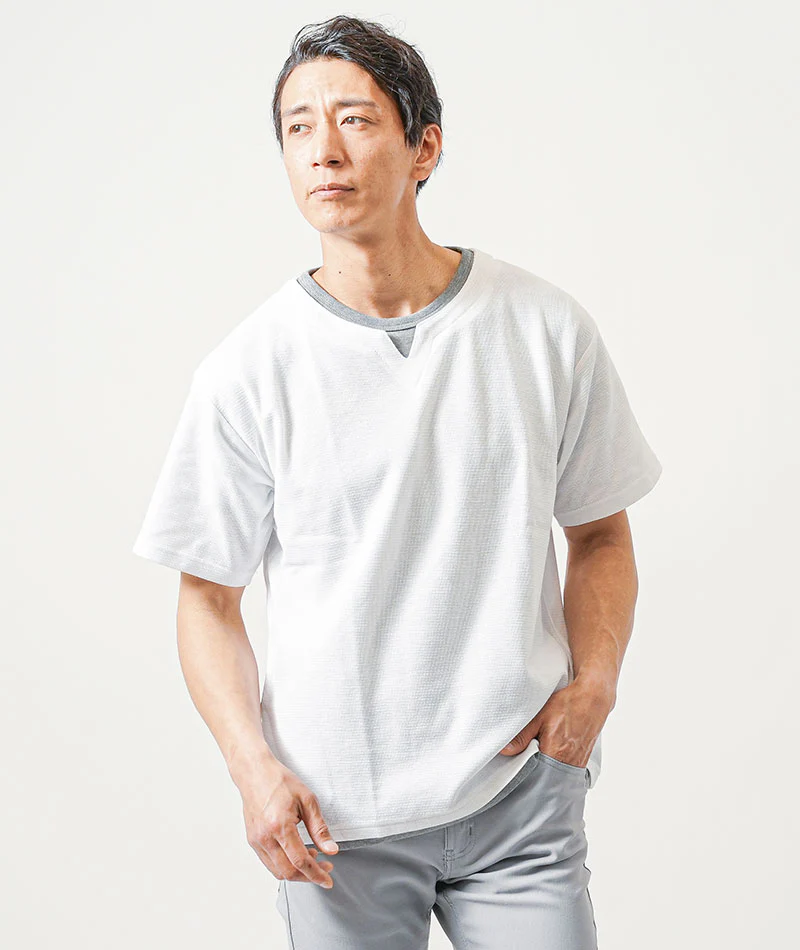 フェイクレイヤードオーバーサイズ半袖キーネックTシャツ - Image 18