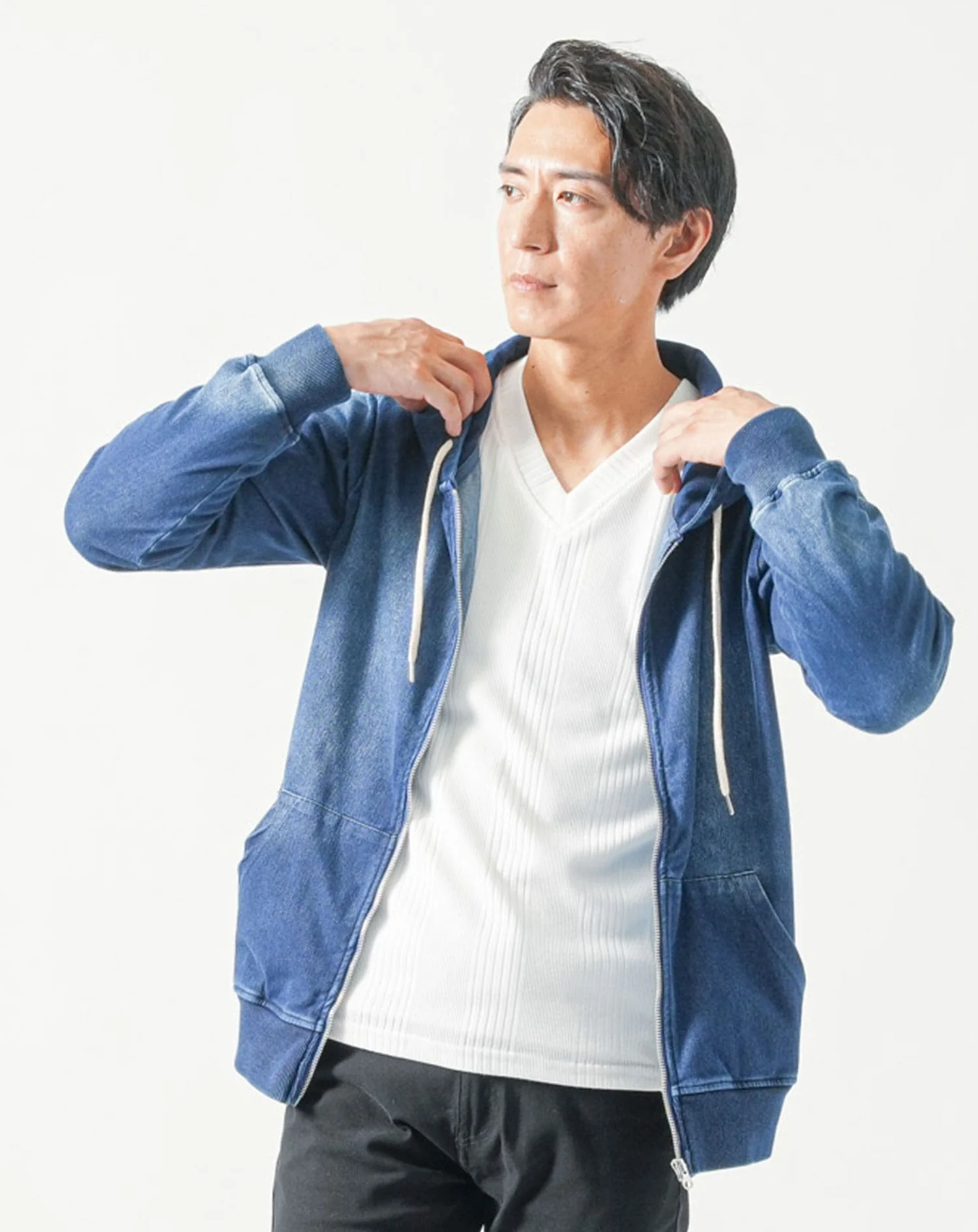 カットデニム素材長袖ジップアップパーカー - Image 5