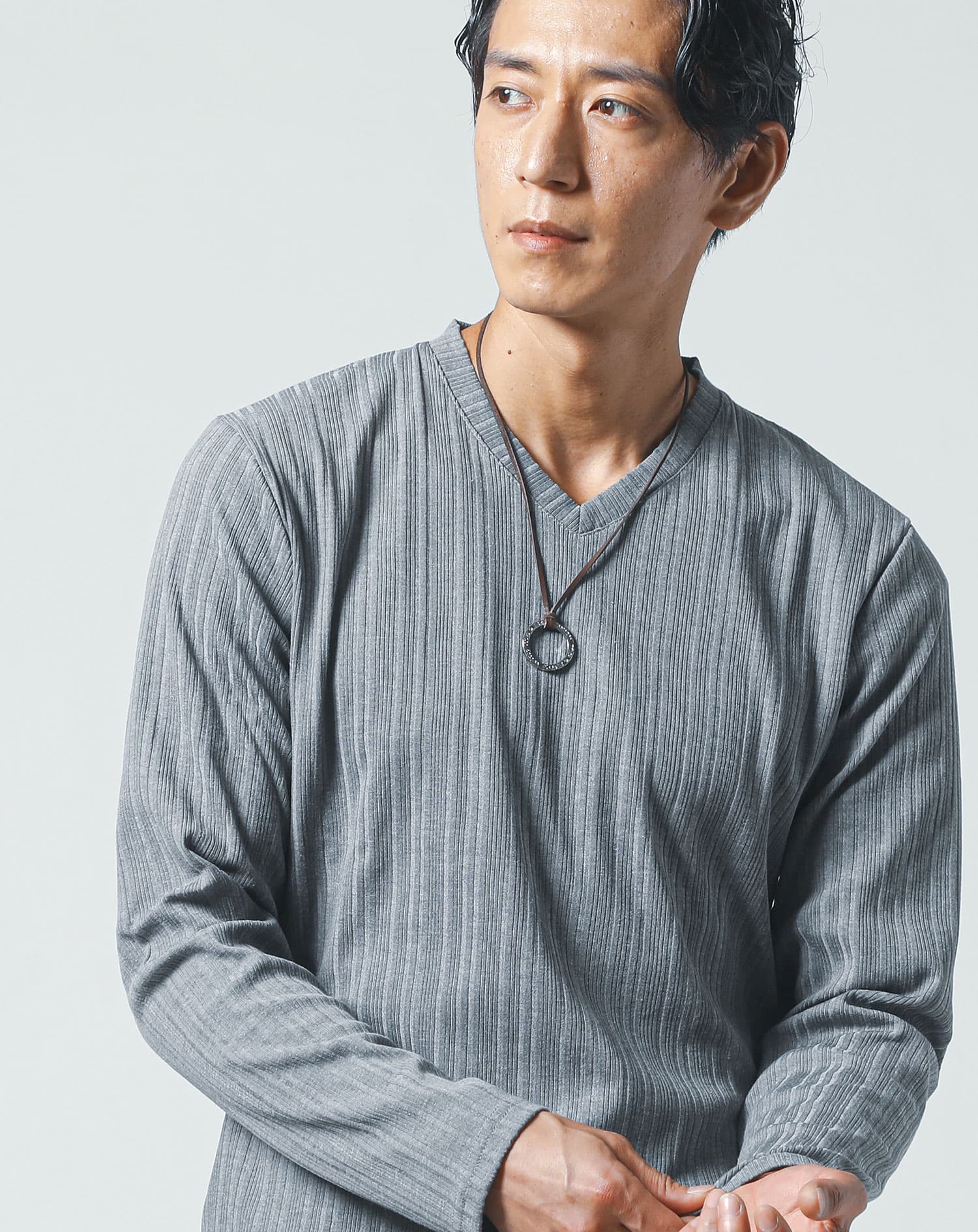 ランダムテレコデザインVネック長袖Tシャツ - Image 25