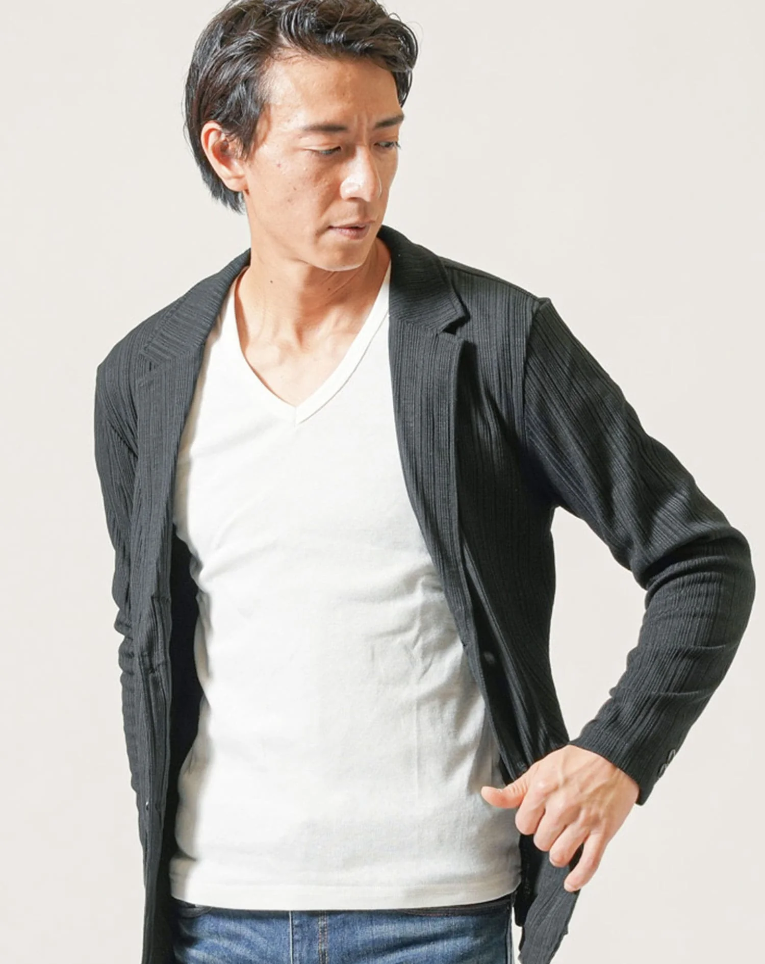ランダムテレコ長袖テーラードジャケット×長袖フライスTシャツ　2点セット - Image 2