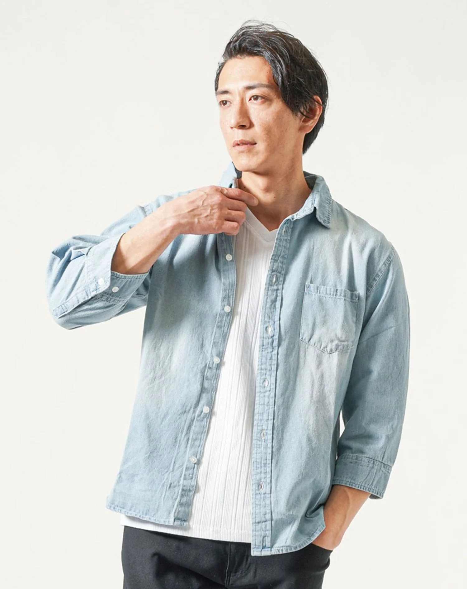 ウォッシュ加工7分袖デニムシャツ×半袖VネックTシャツ　2点セット - Image 4