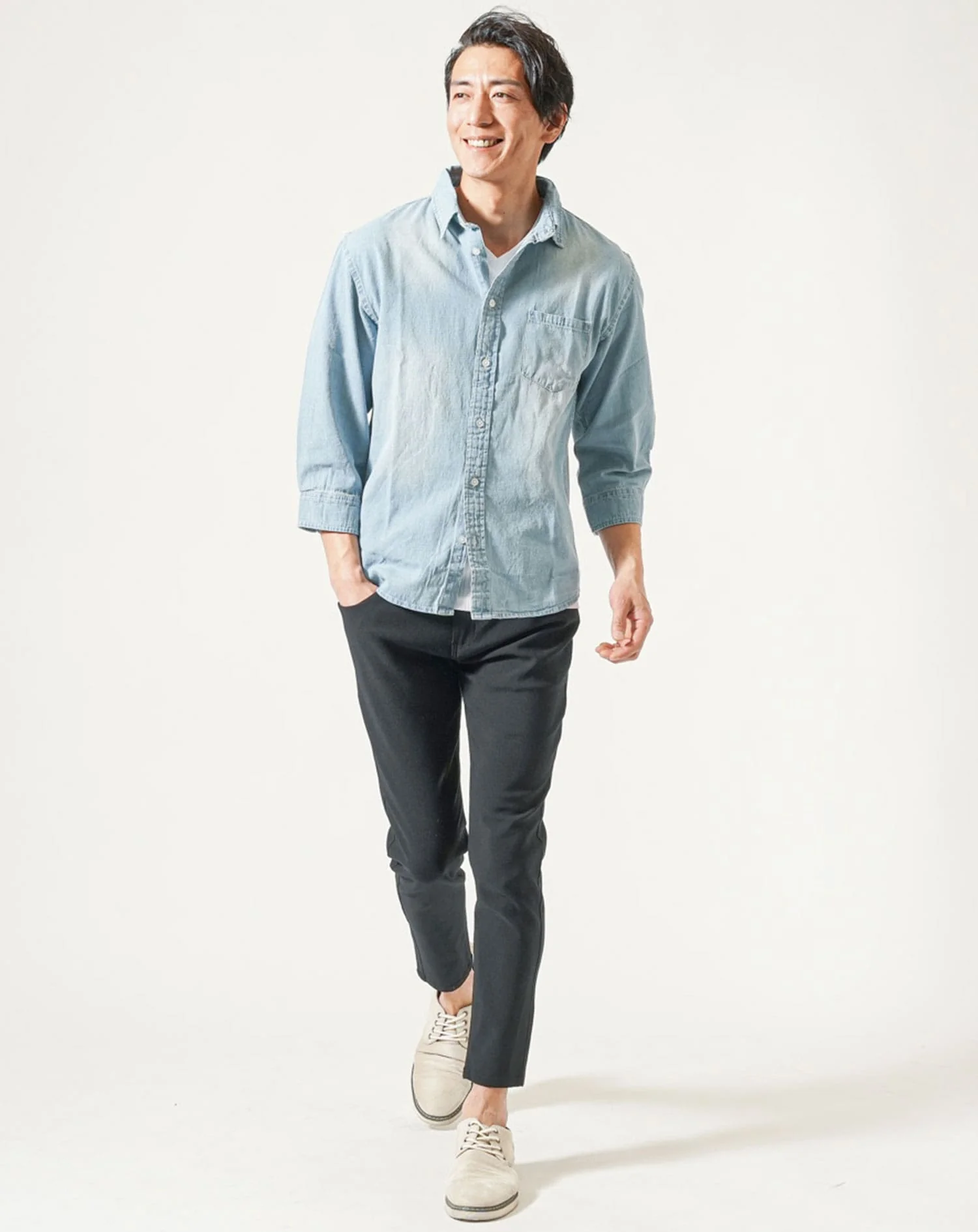 ウォッシュ加工7分袖デニムシャツ×半袖VネックTシャツ　2点セット - Image 6