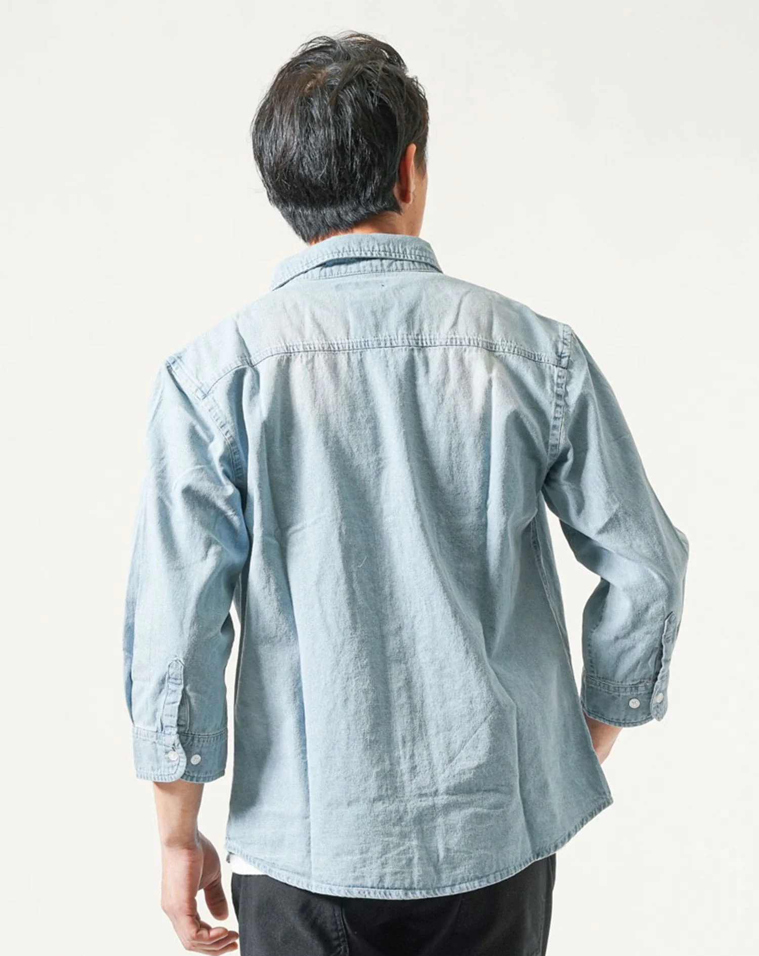 ウォッシュ加工7分袖デニムシャツ×半袖VネックTシャツ　2点セット - Image 8