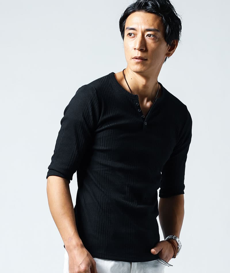ランダムテレコ素材ヘンリーネック7分袖・半袖Ｔシャツ - Image 21