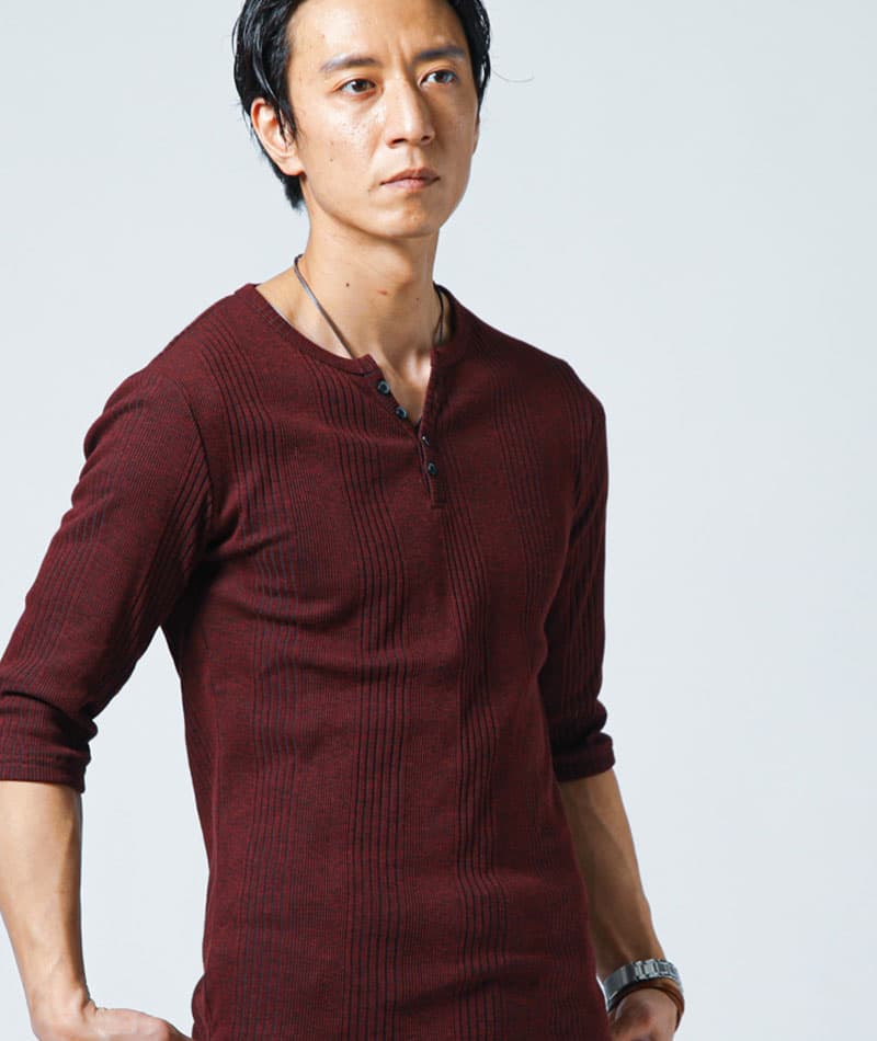 ランダムテレコ素材ヘンリーネック7分袖・半袖Ｔシャツ - Image 25