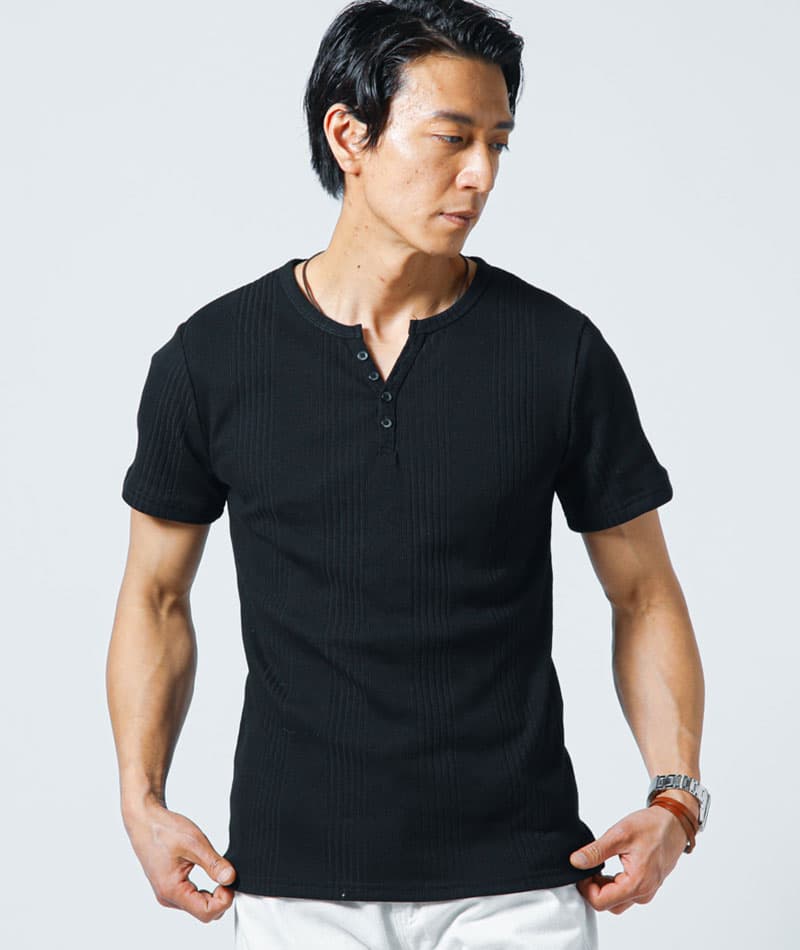 ランダムテレコ素材ヘンリーネック7分袖・半袖Ｔシャツ - Image 44