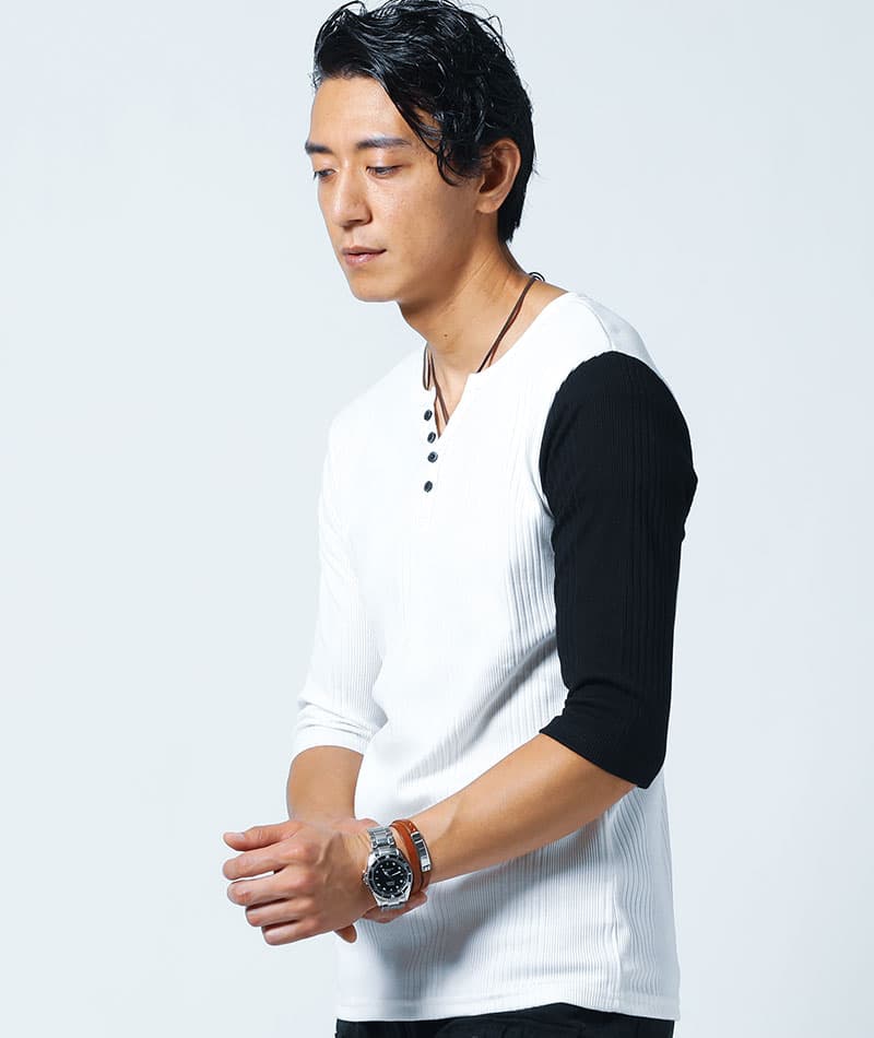ランダムテレコ素材ヘンリーネック7分袖・半袖Ｔシャツ - Image 50
