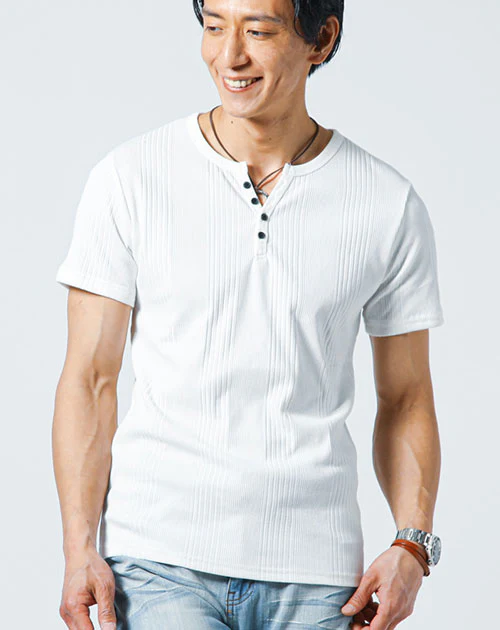 ランダムテレコ素材ヘンリーネック7分袖・半袖Ｔシャツ - Image 94