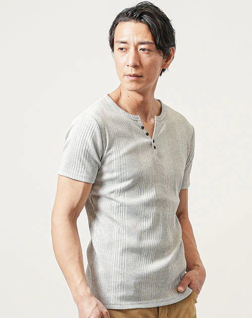 ランダムテレコ素材ヘンリーネック7分袖・半袖Ｔシャツ - Image 97