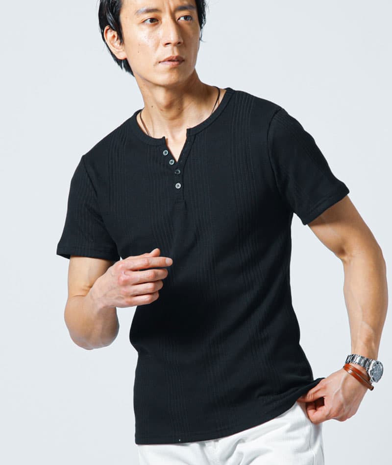 ランダムテレコ素材ヘンリーネック半袖Ｔシャツ - Image 13