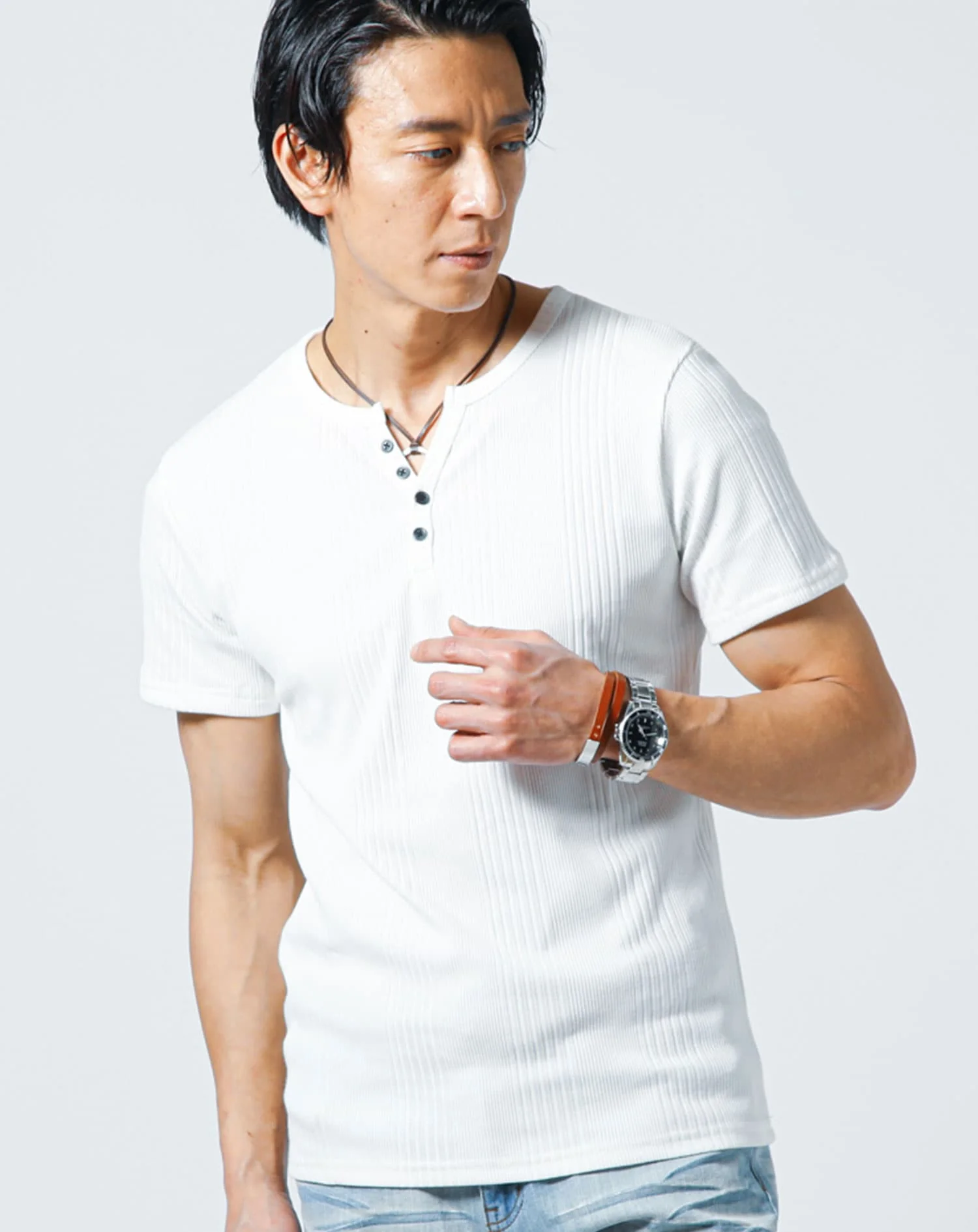 ランダムテレコ素材ヘンリーネック半袖Ｔシャツ - Image 34