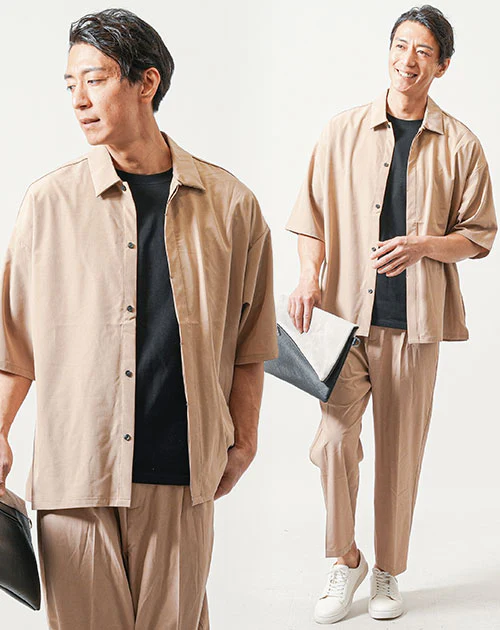 接触冷感オーバーサイズ半袖比翼シャツ×ストレッチスラックスイージーアンクルパンツ　セットアップ - Image 3
