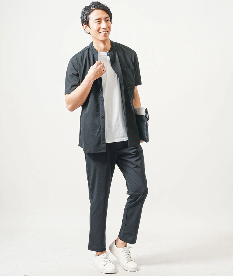 接触冷感バンドカラー半袖シャツ×ストレッチアンクルイージーパンツ　セットアップ - Image 8