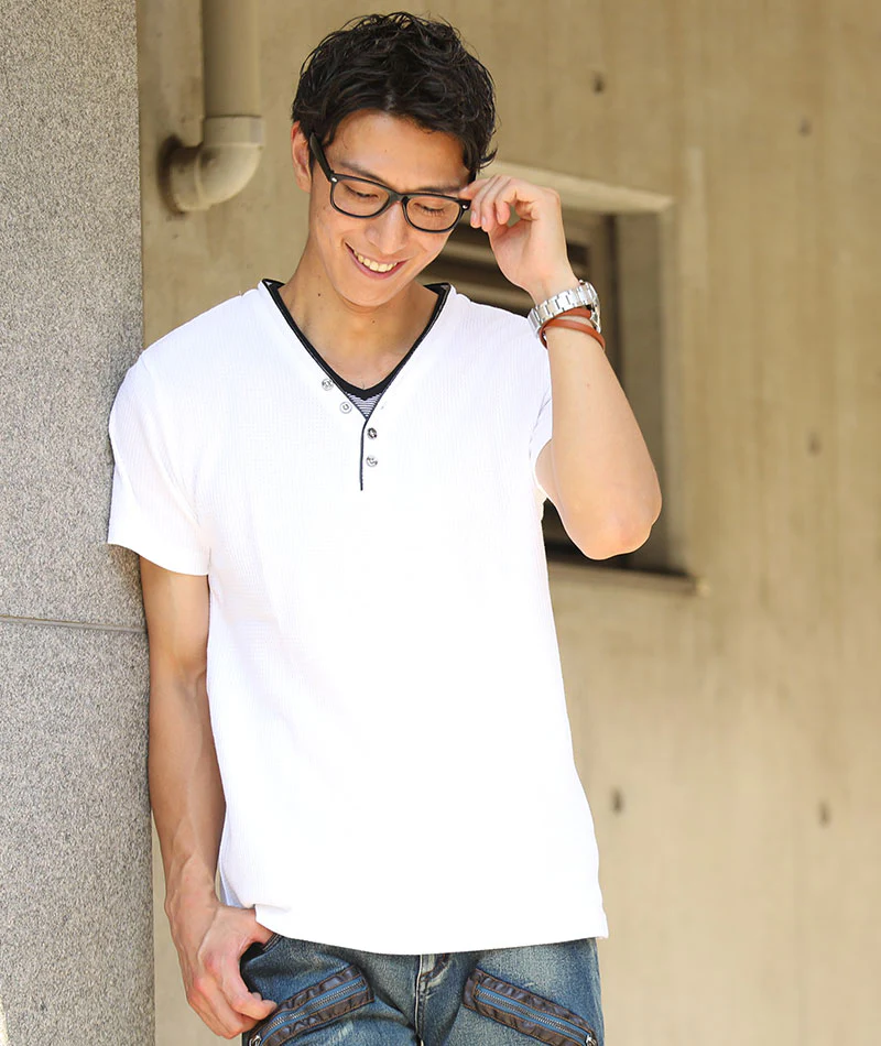 レイヤードデザインワッフル素材ヘンリーVネック半袖Ｔシャツ - Image 11