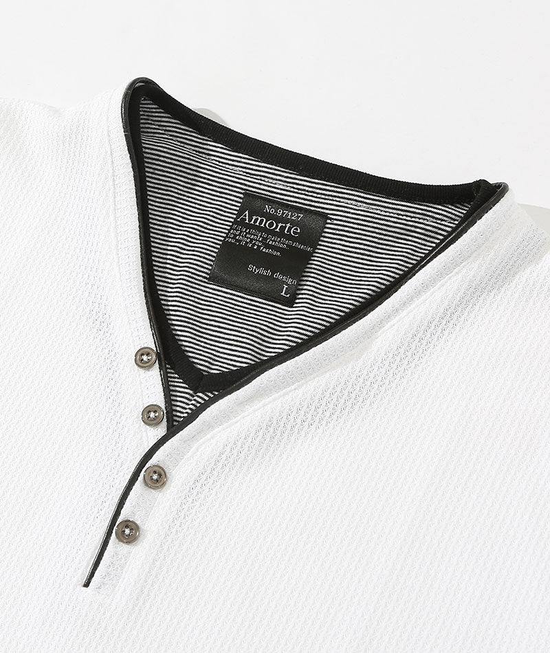 レイヤードデザインワッフル素材ヘンリーVネック半袖Ｔシャツ - Image 19