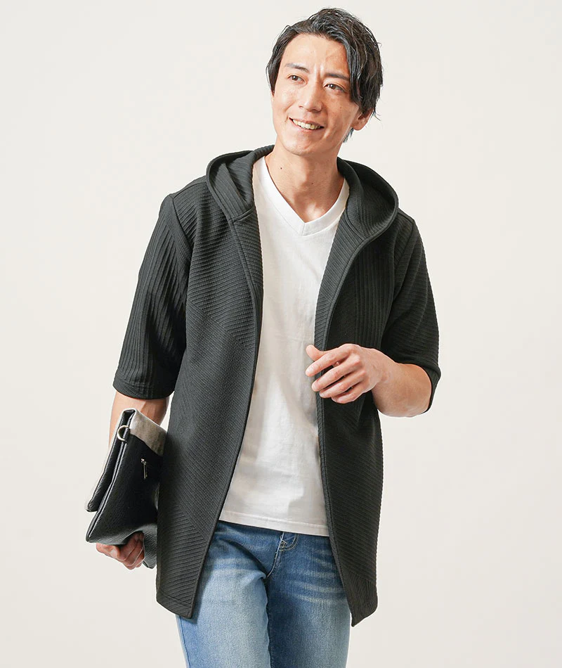 バイアス7分袖ボタンレスセミロングフーディガン - Image 18