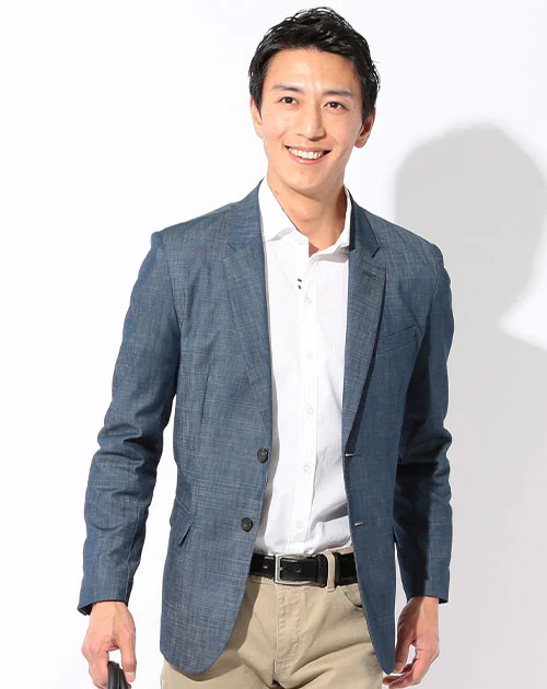 ネイビーデニムテーラードジャケット×白形態安定半袖ワイシャツ 60代メンズ2点トップスコーデセット biz - Image 2