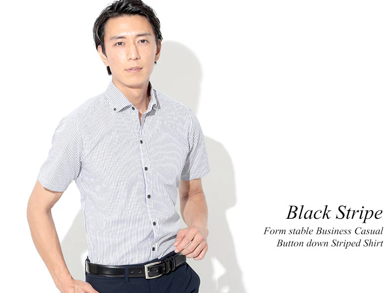 ブラックストライプ形態安定半袖シャツ×ブラックチェック形態安定半袖シャツ 60代メンズ2点トップスコーデセット biz - Image 3