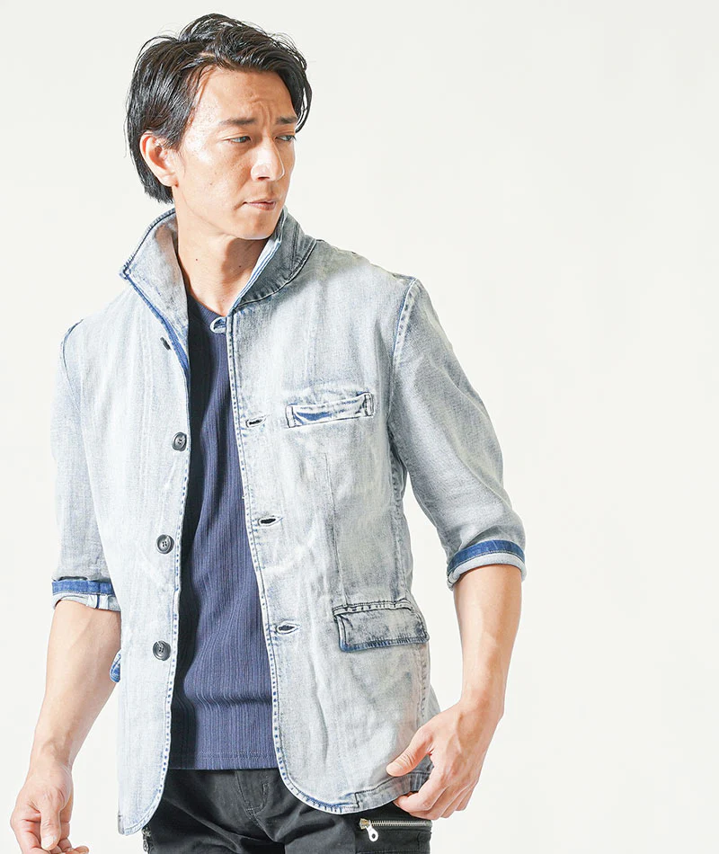 バイカーファッション・夏のちょいワルメンズ3点コーデセット ブリーチ7分袖デニムジャケット×ネイビー半袖Tシャツ×黒ストレッチカーゴパンツ - Image 6