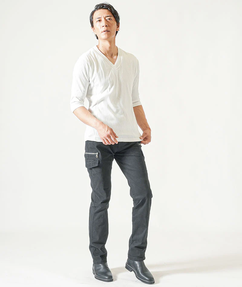 脚長ファッションメンズ3点コーデセット 白7分袖Tシャツ×ネイビー半袖Tシャツ×黒ストレッチカーゴパンツ - Image 11