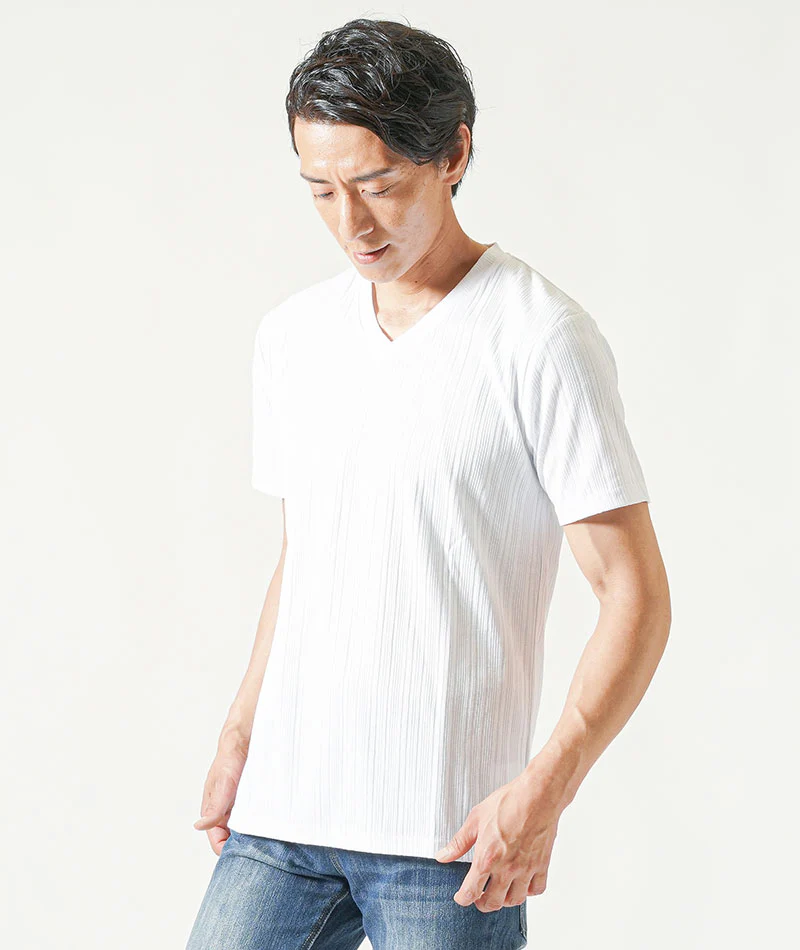 脚長ファッションメンズ3点コーデセット 白半袖VネックTシャツ×白半袖ヘンリーネックTシャツ×インディゴストレッチデニムパンツ - Image 7
