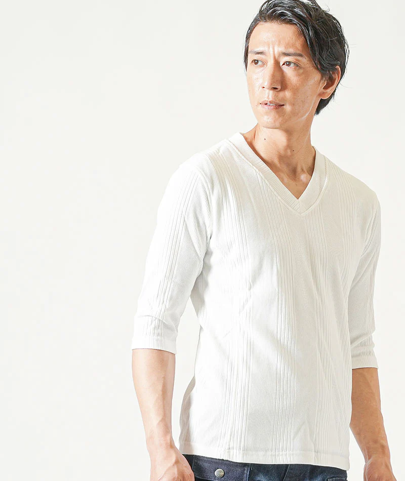 脚長ファッションメンズ3点コーデセット 白7分袖Tシャツ×白半袖Tシャツ×インディゴストレッチデニムカーゴパンツ - Image 7