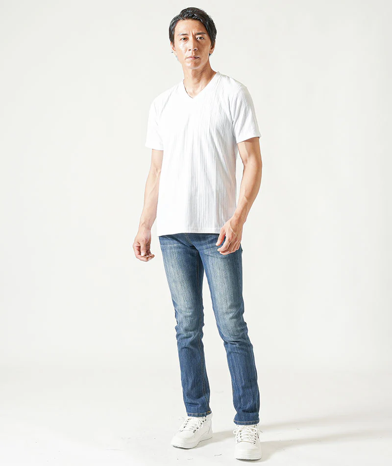 バイカーファッション・夏のちょいワルメンズ3点コーデセット グレー7分袖シャツ×白半袖Tシャツ×インディゴストレッチデニムパンツ - Image 5
