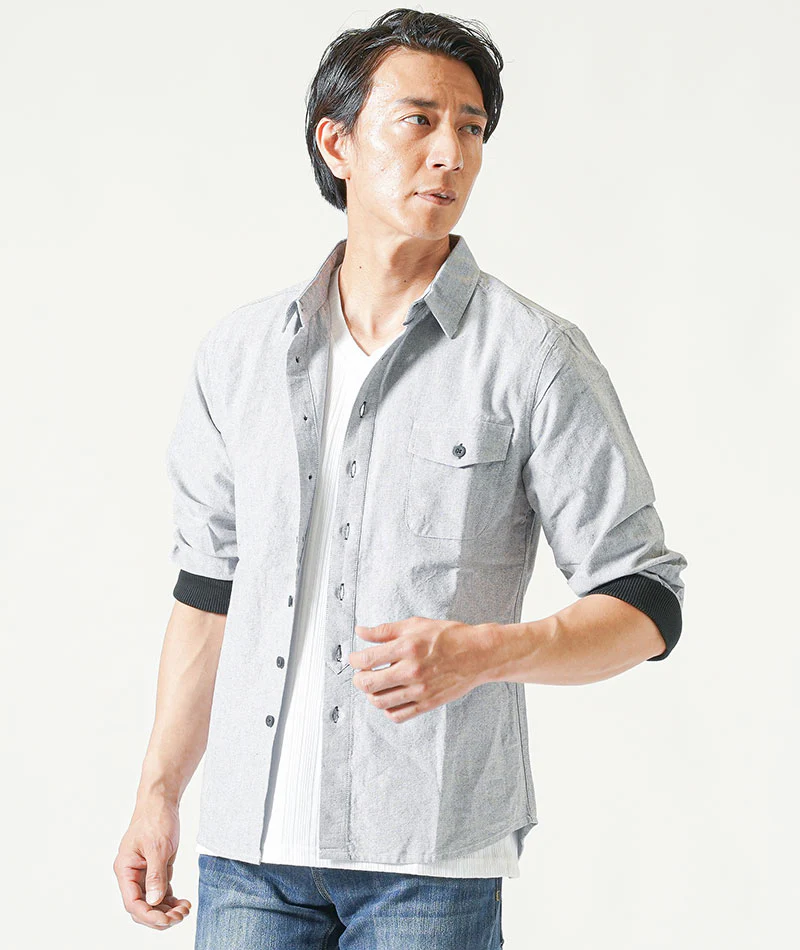 バイカーファッション・夏のちょいワルメンズ3点コーデセット グレー7分袖シャツ×白半袖Tシャツ×インディゴストレッチデニムパンツ - Image 6