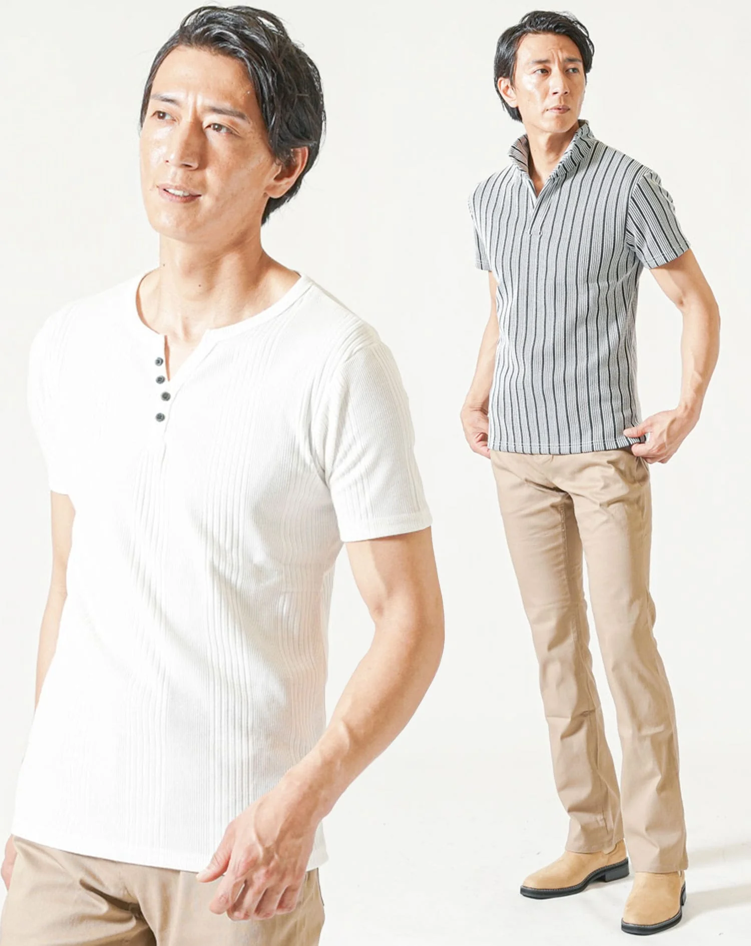 脚長ファッションメンズ3点コーデセット 白半袖ポロシャツ×白半袖ヘンリーネックTシャツ×ベージュブーツカットチノパンツ - Image 2