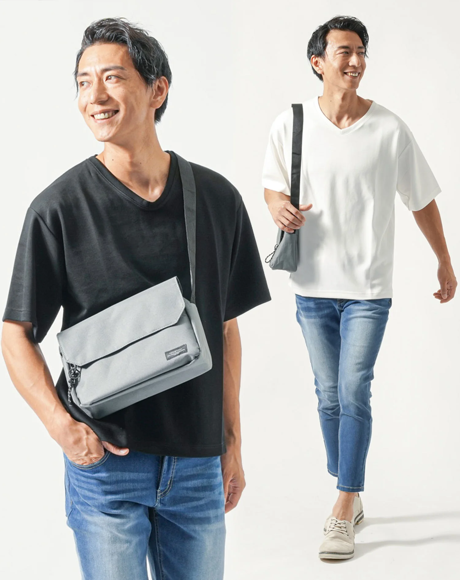 夏のスポーツ観戦服メンズ全身3点コーデセット 黒半袖VネックTシャツ×白半袖VネックTシャツ×ブルーアンクルデニムパンツ - Image 2