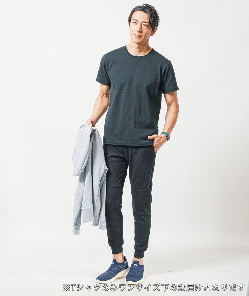 普段着スポーツファッション服メンズ3点コーデセット グレー長袖ジップパーカー×黒半袖Tシャツ×黒スウェットジョガーパンツ - Image 11