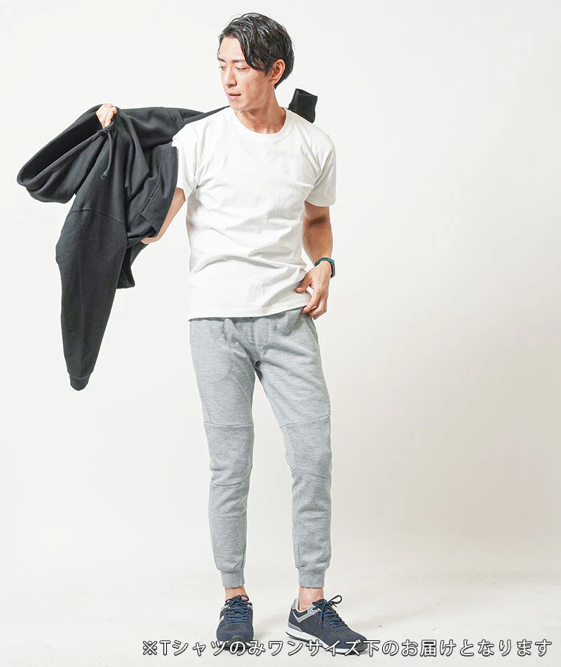 普段着スポーツファッション服メンズ3点コーデセット 黒長袖プルパーカー×白半袖Tシャツ×グレースウェットジョガーパンツ - Image 11