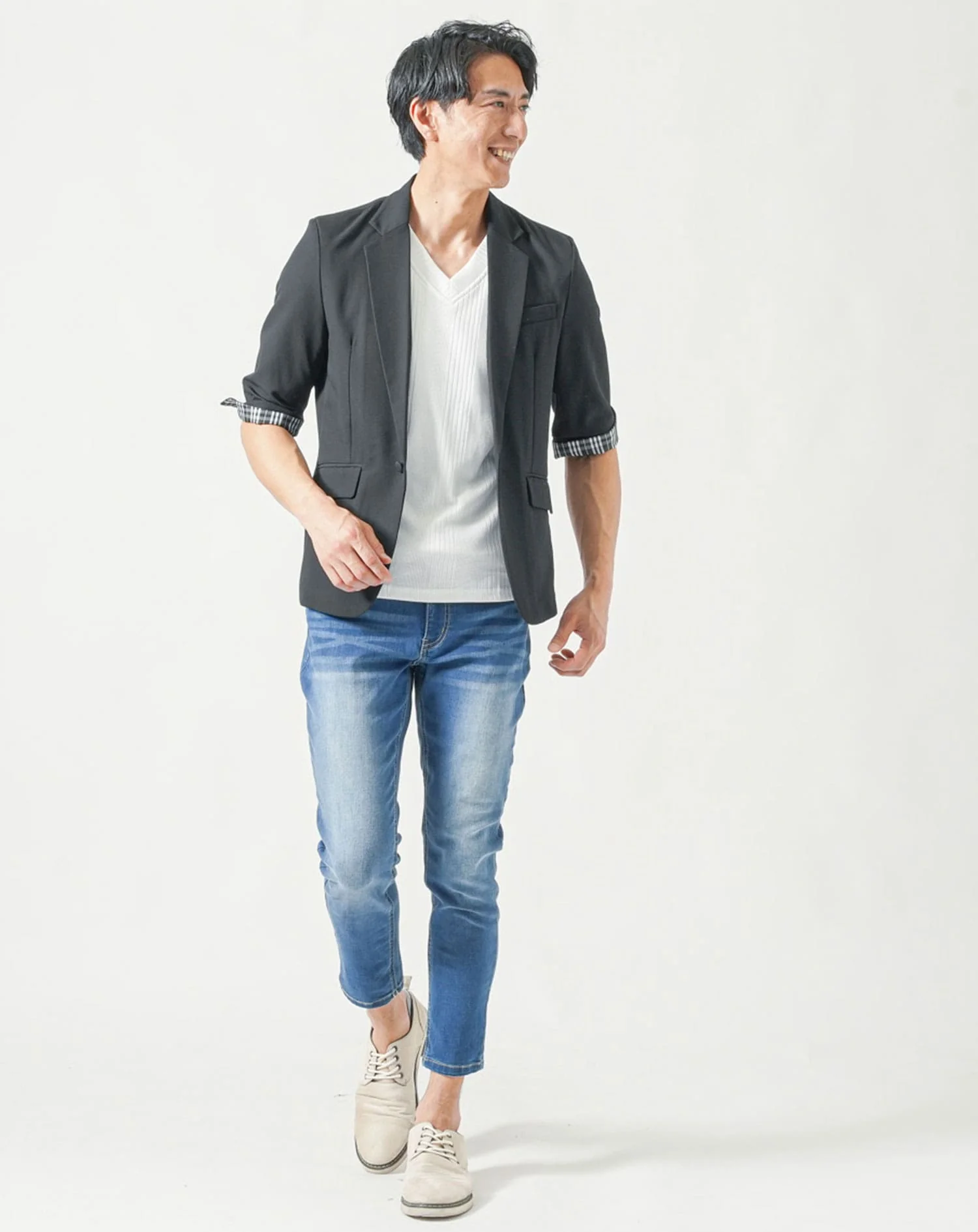 メンズ夏服トップス3点コーデセット　黒5分袖テーラードジャケット×白半袖Tシャツ×杢黒半袖Tシャツ - Image 4
