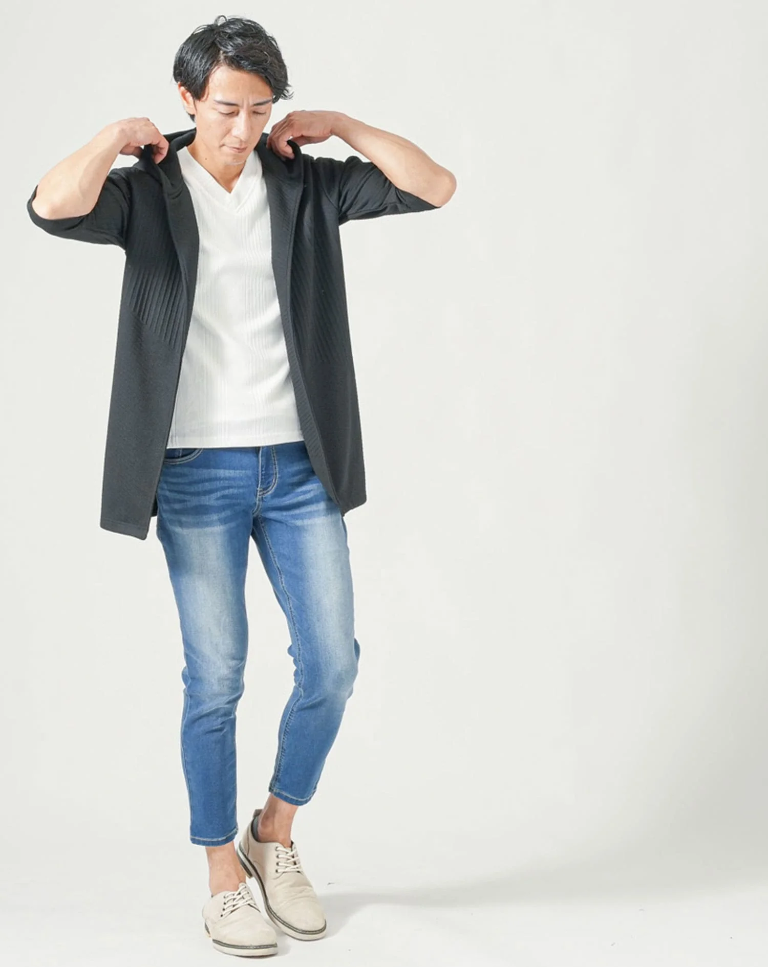 メンズ夏服トップス3点コーデセット　黒7分袖ロングパーカー×白半袖Tシャツ×杢黒半袖Tシャツ - Image 4