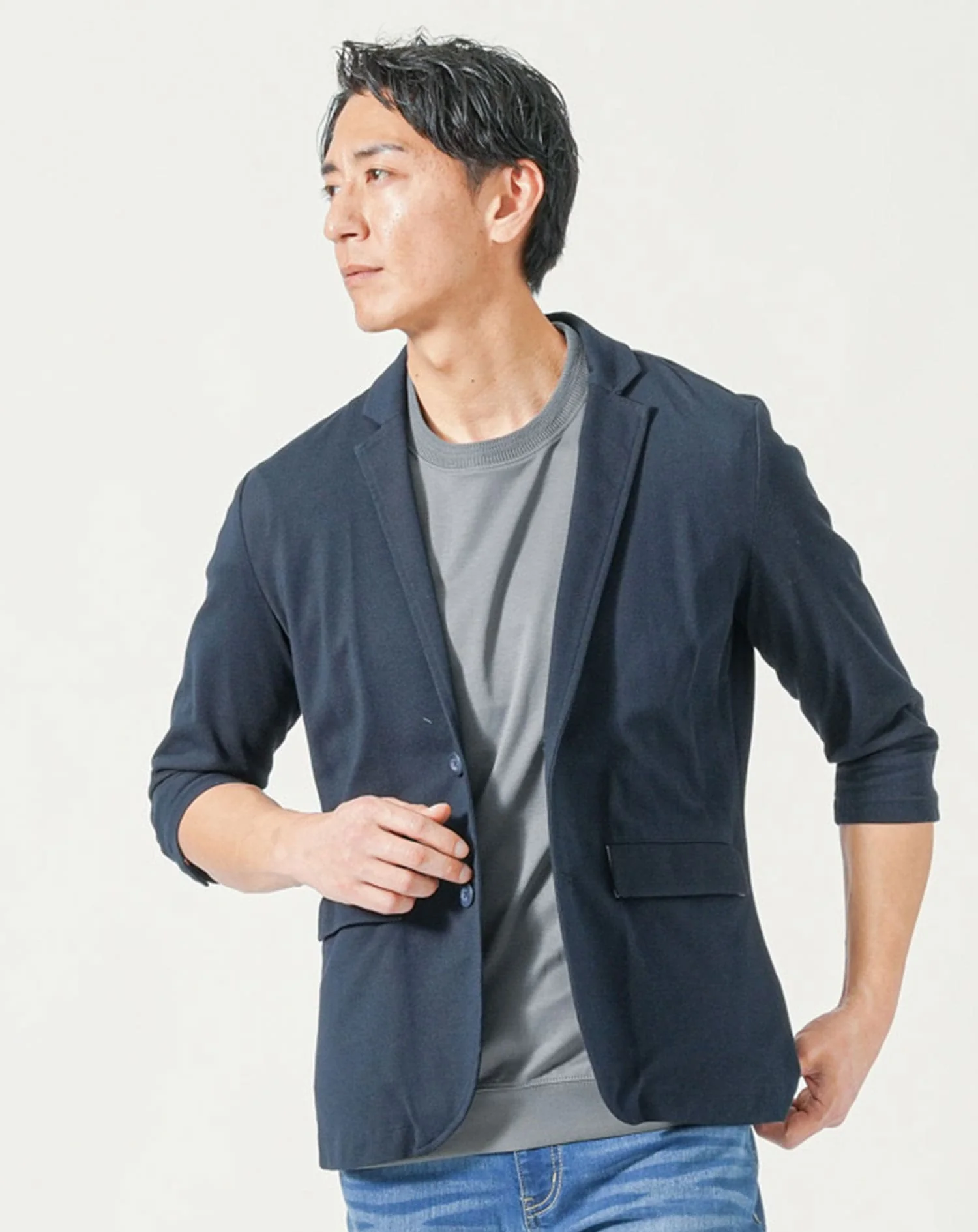 メンズ夏服トップス3点コーデセット　ネイビー7分袖テーラードジャケット×白7分袖ポロシャツ×ダークグレー半袖Tシャツ - Image 5