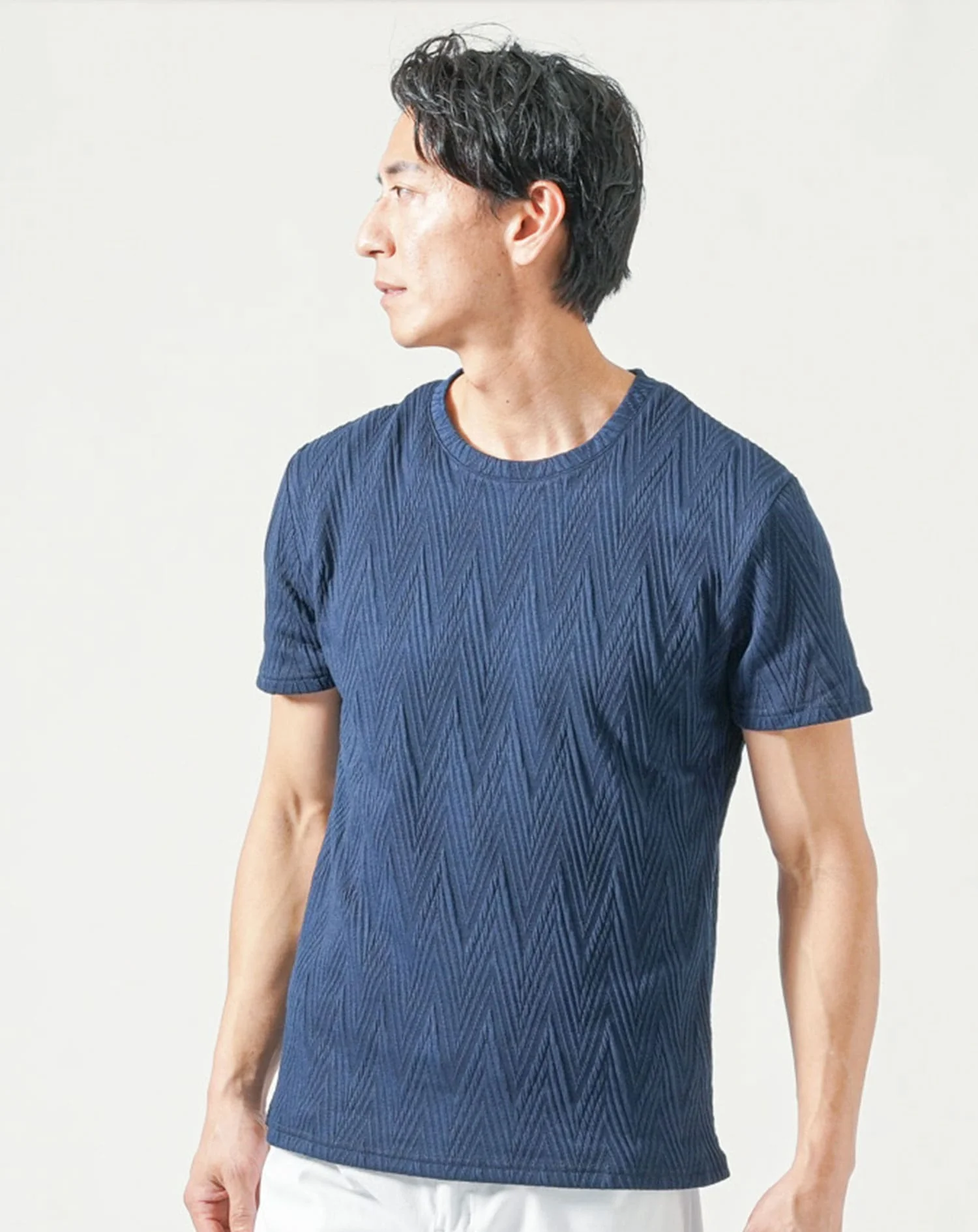 メンズ夏服トップス3点コーデセット　グレー5分袖パーカー×ネイビー7分袖ポロシャツ×ネイビー半袖Tシャツ - Image 5
