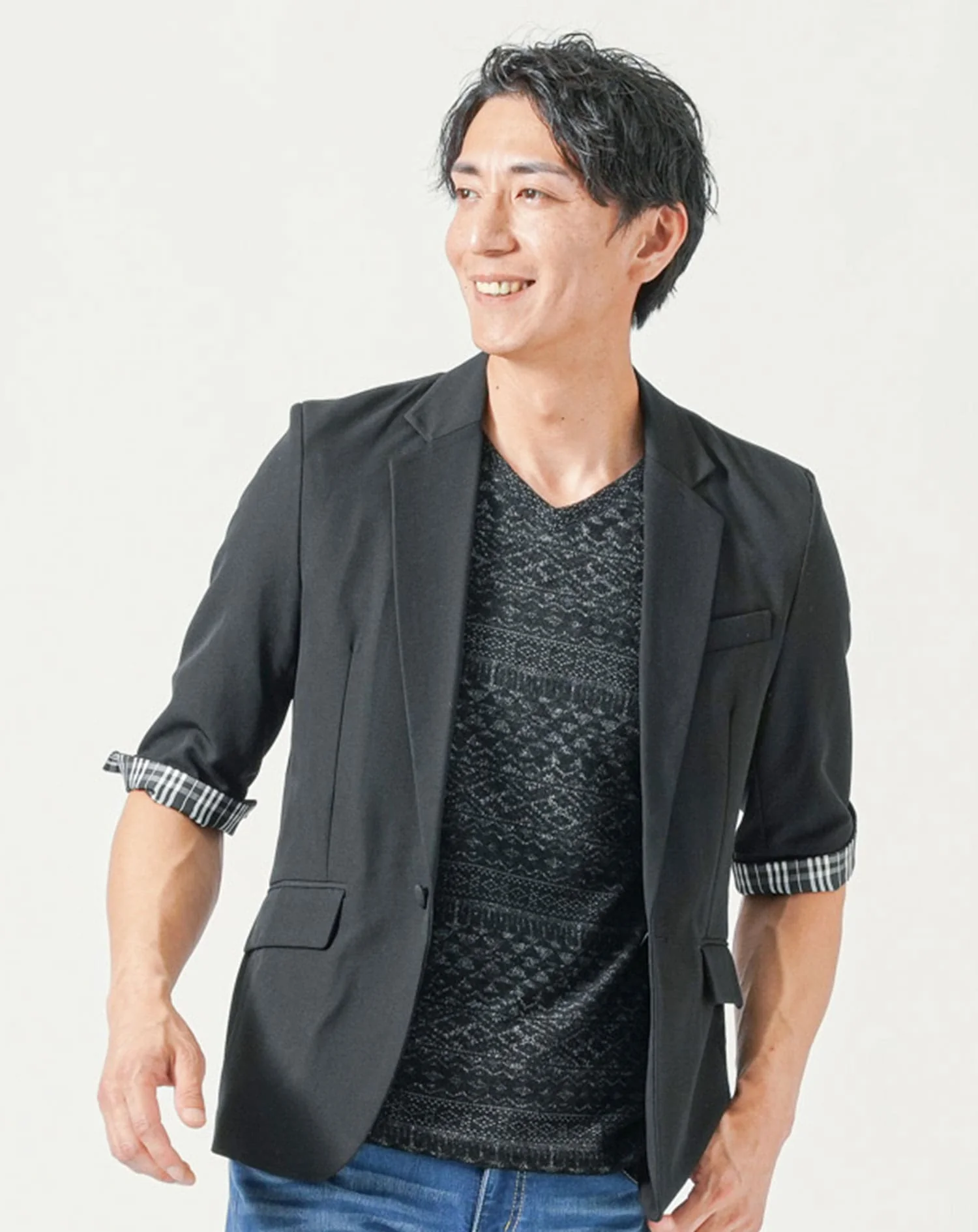 メンズ夏服トップス3点コーデセット　黒5分袖テーラードジャケット×黒半袖Tシャツ×白半袖Tシャツ - Image 3