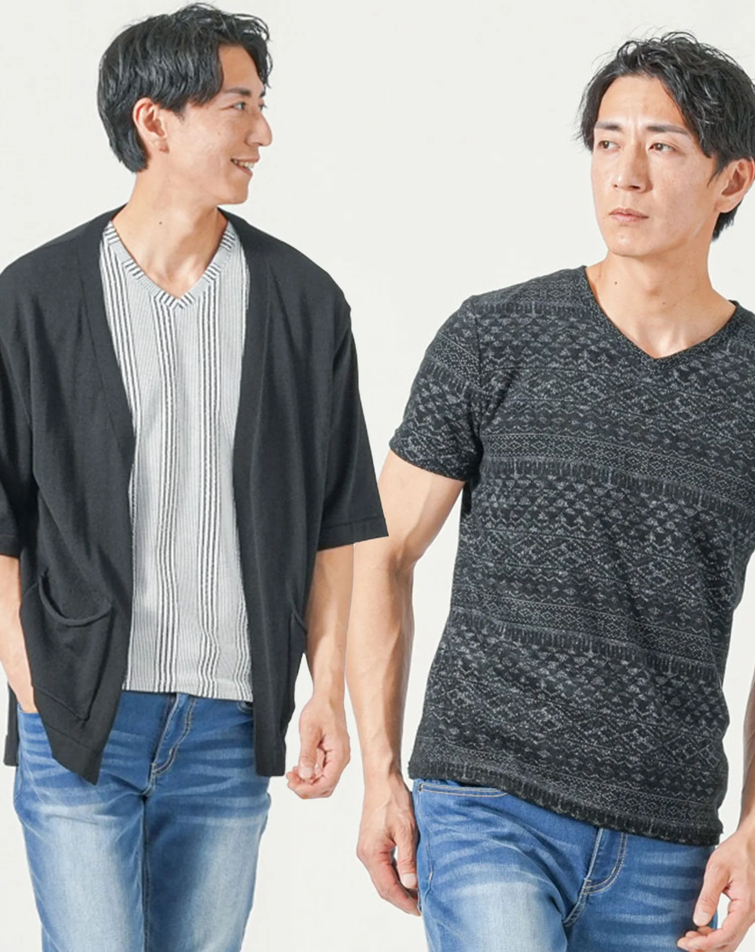 メンズ夏服トップス3点コーデセット　黒5分袖カーディガン×黒半袖Tシャツ×白半袖Tシャツ - Image 2