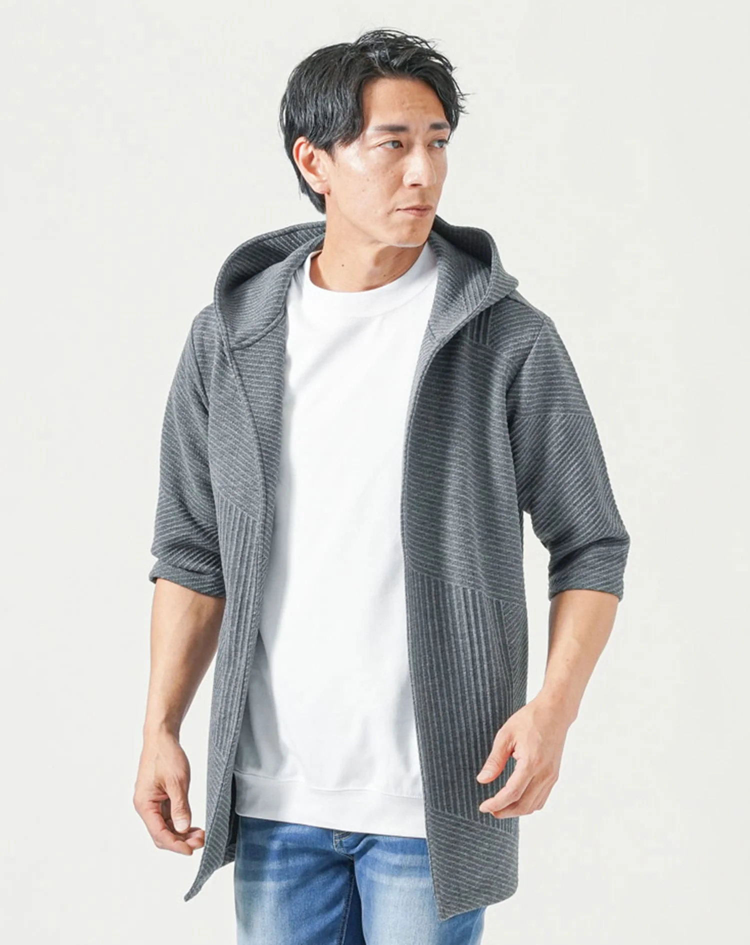 メンズ夏服トップス3点コーデセット　チャコールグレー7分袖ロングパーカー×白半袖Tシャツ×杢黒半袖Tシャツ - Image 3