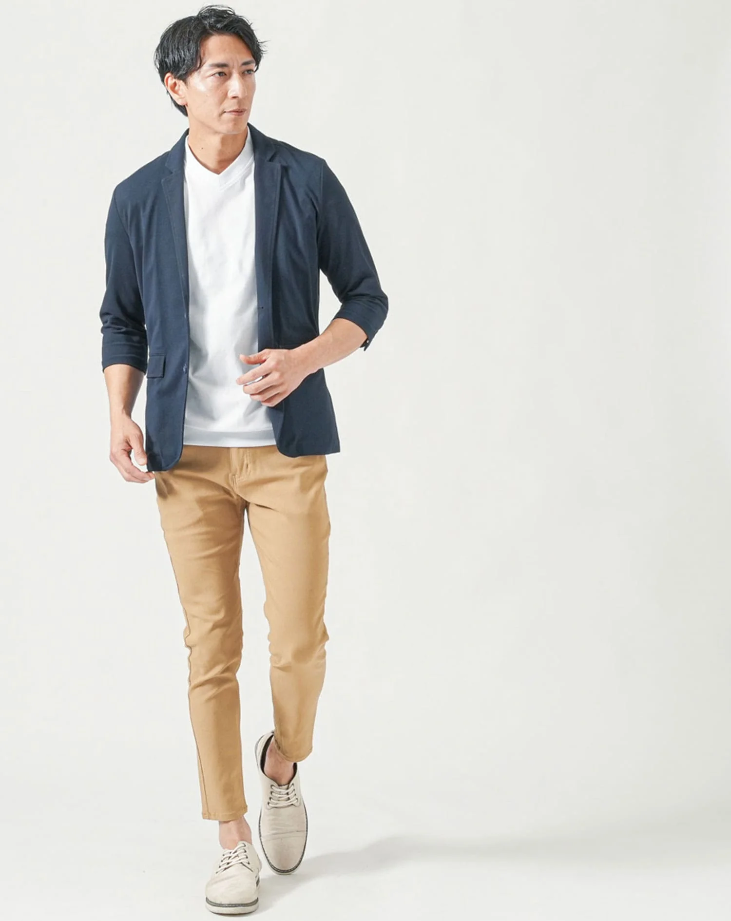 メンズ夏服トップス3点コーデセット　ネイビー7分袖テーラードジャケット×白半袖Tシャツ×チャコールグレー半袖Tシャツ - Image 4