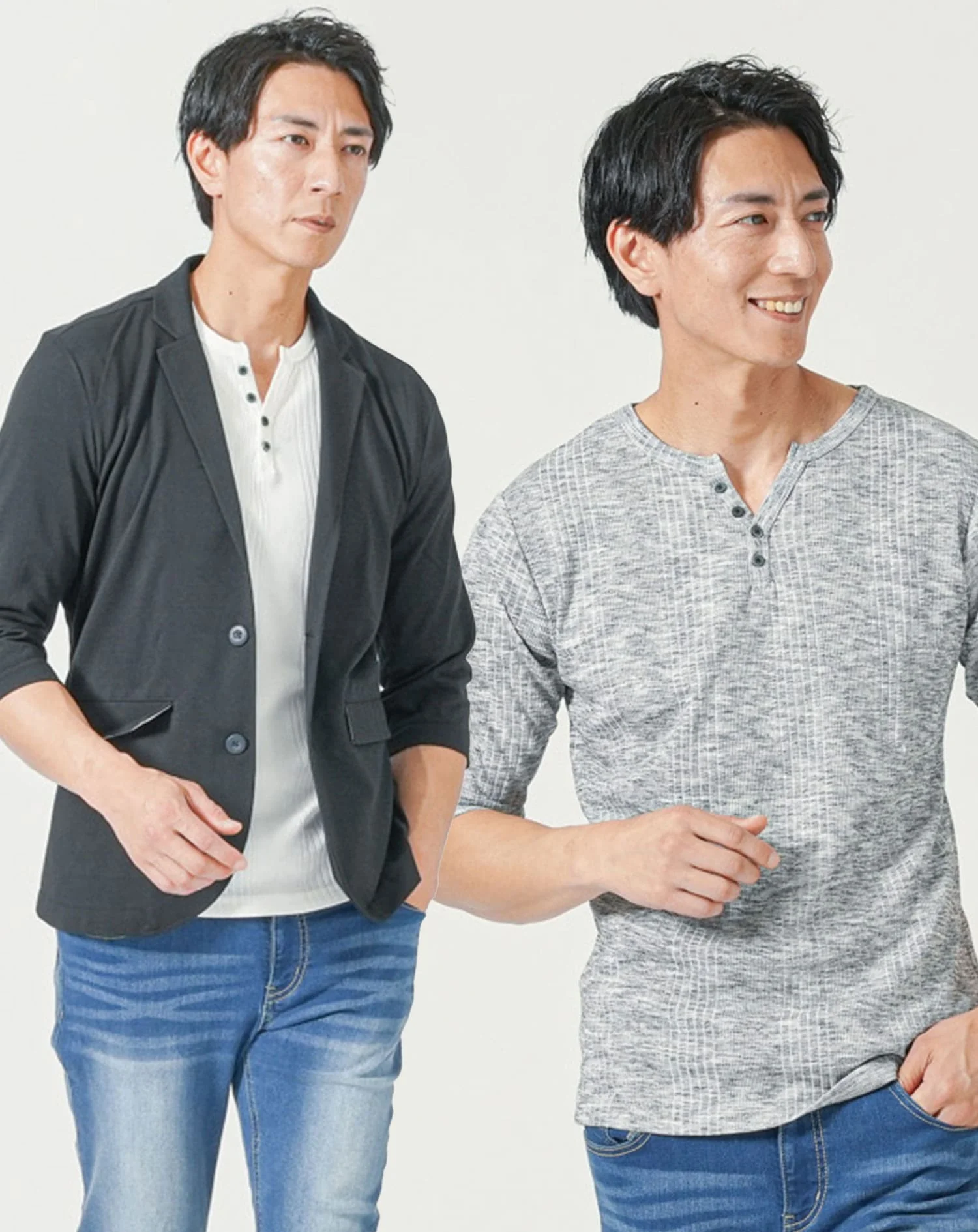 メンズ夏服トップス3点コーデセット　ネイビー7分袖テーラードジャケット×白7分袖Tシャツ×杢黒7分袖Tシャツ - Image 2